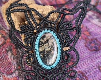 Macrame necklace with black pink jasper. black, handmade necklace, healing stone, fantasy, fairies, macrame choker with semi-precious stone