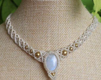 Rainbow Moonstone Macrame Choker | Handmade Adjustable Moonstone Necklace | off-white | Waterproof Waxed Cord Jewelry | Unique Gift for Her