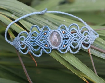 Magical light blue macramé bracelet with rock crystal, bohemian, elf jewellery