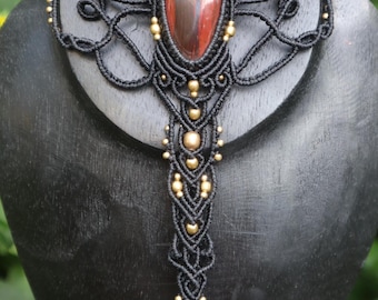 Collar de pie de macramé con ojo de tigre de hierro rojo, negro, sandalia descalza, joyería de pie de macramé, tobillera, elfos, Goa