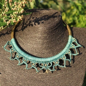 Choker made of brass with macrame in turquoise, choker chain, brass choker, tribal, choker, ethnic jewelry
