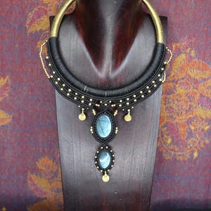 Choker with Labradorite, black, macrame choker with two gemstones, Goa, Elves, Wicca, Tribal, Macrame, Festival, Healing Stone