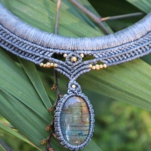 Chokers with Labradorite, Macrame Choker Healing Stone, Goa, Elven Jewelry, Wicca, Ethno Choker, Tribal, Brass Hoops with Macrame, Festival