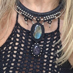 Necklace with labradorite and amethyst, black, silver, macrame choker, Goa, elf jewelry, Wicca, tribal, silver-plated brass necklace