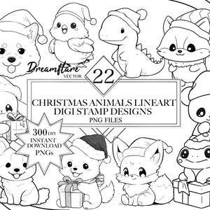 Christmas Animals Lineart PNG Bundle, Timbre numérique de Noël, Scrapbooking, Fabrication de cartes de Noël, Fichier imprimable numérique, Utilisation commerciale