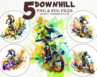 Downhill Clipart Mountain Biking SVG Watercolor Sublimation PNG Dirt Bike Bundle Set Bicycle Riding Sports