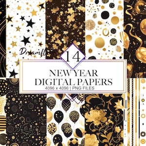 Black Gold New Year Digital Papers PNG Bundle, Modèle du Nouvel An, Réveillon du Nouvel An PNG, Conceptions de cartes, Téléchargement numérique, Utilisation commerciale