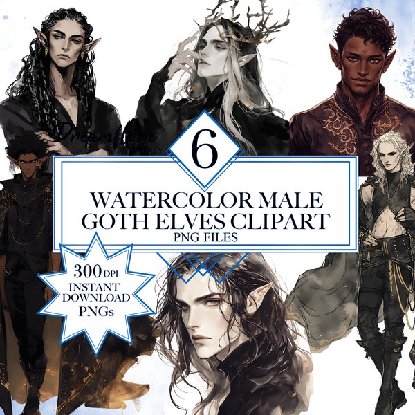 Watercolor Dark Male Elves Clipart Bundle, Black Elf PNG, Gothic Men, Gothic Clipart, Fantasy PNG, Digital Printable File, Commercial Use