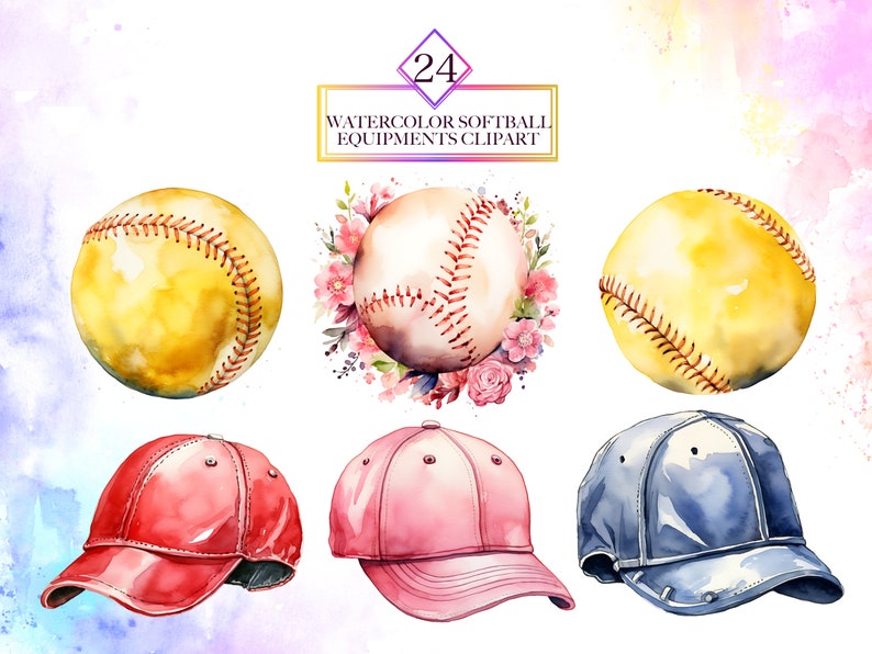 May include: Watercolor clipart set of 24 softball equipment illustrations. The set includes three yellow and brown softballs, a pink baseball cap, a red baseball cap, and a blue baseball cap.