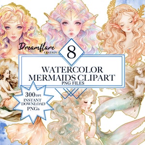 Watercolor Mermaid Clipart Bundle, Mermaid PNG, Mermaid Princess, Fantasy Character, Digital Printable Files, Commercial Use