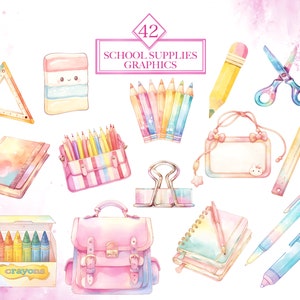 Pode incluir: Um conjunto de 42 ilustra&ccedil;&otilde;es de aquarela de materiais escolares, incluindo uma mochila rosa, uma caixa de l&aacute;pis, uma r&eacute;gua, um caderno, um l&aacute;pis, um par de tesouras, uma caixa de giz de cera, uma borracha e uma pasta. As ilustra&ccedil;&otilde;es est&atilde;o em uma paleta de cores pastel e t&ecirc;m um estilo caprichoso e de desenho animado.