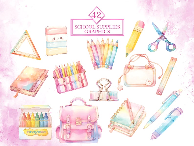 Pode incluir: Um conjunto de 42 ilustra&ccedil;&otilde;es de aquarela de materiais escolares, incluindo uma mochila rosa, uma caixa de l&aacute;pis, uma r&eacute;gua, um caderno, um l&aacute;pis, um par de tesouras, uma caixa de giz de cera, uma borracha e uma pasta. As ilustra&ccedil;&otilde;es est&atilde;o em uma paleta de cores pastel e t&ecirc;m um estilo caprichoso e de desenho animado.