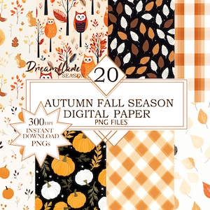 Könnte beinhalten: Ein Set mit 20 digitalen Papieren mit Herbstmotiven. Die Muster umfassen Eichhörnchen, Eulen, Kürbisse, Blätter und Karomuster in Orange, Braun, Weiß und Schwarz.