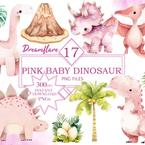 水彩ピンクの赤ちゃん恐竜クリップアート PNG バンドル、ベビー シャワー、保育園、かわいい恐竜 PNG、パステル ピンク PNG、デジタル ダウンロード、商用利用