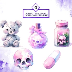20 Watercolor Kawaii Pastel Goth Elements