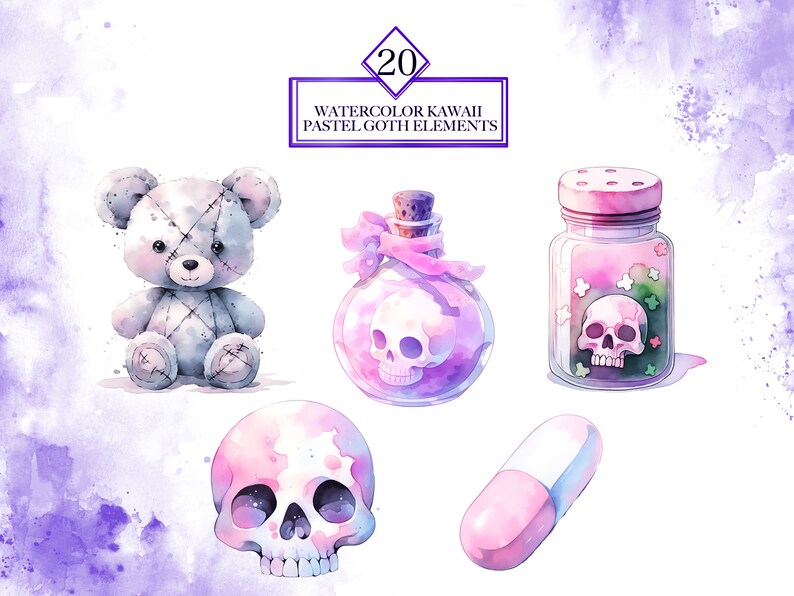 20 Watercolor Kawaii Pastel Goth Elements