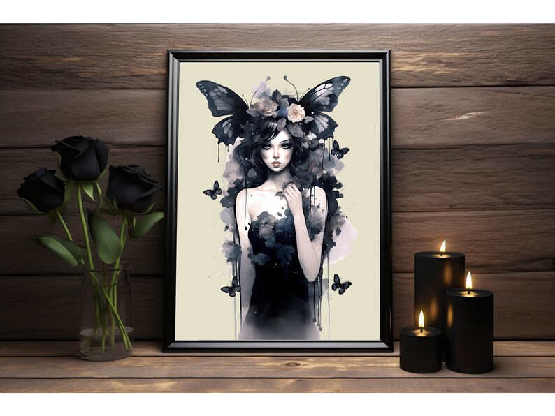 May include: A framed watercolor painting of a woman with long black hair wearing a black dress and a crown of flowers. She has butterfly wings and is surrounded by butterflies. The background is a light beige color.