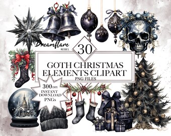 Watercolor Goth Christmas Elements PNG Bundle, Gothic Spooky Christmas, Goth Christmas Ornaments, Christmas Clipart, Commercial Use