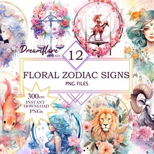 Watercolor Floral Zodiac Sign Clipart PNG, Horoscope Clipart, Floral Celestial Clipart, Watercolor Floral PNG, Digital File, Commercial Use
