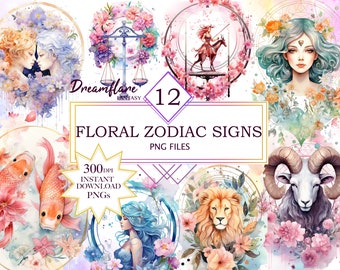 May include: A set of 12 floral zodiac signs, each featuring a different zodiac symbol surrounded by watercolor flowers. The signs are in a circular frame with a watercolor background. The text "Dreamflare Fantasy" and "Floral Zodiac Signs" are also included in the image.