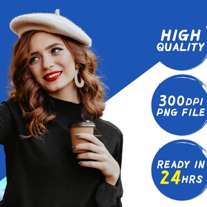 Puede incluir: Una mujer con el pelo largo y casta&ntilde;o, que lleva un gorro beige y un jersey negro, sostiene una taza de caf&eacute; para llevar. El fondo es un degradado azul y blanco con texto que dice "Alta Calidad", "300dpi PNG File", y "Listo en 24 horas".