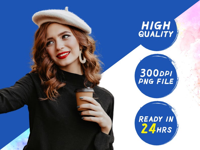 Puede incluir: Una mujer con el pelo largo y casta&ntilde;o, que lleva un gorro beige y un jersey negro, sostiene una taza de caf&eacute; para llevar. El fondo es un degradado azul y blanco con texto que dice "Alta Calidad", "300dpi PNG File", y "Listo en 24 horas".