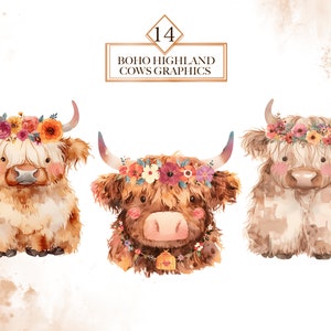 Watercolor Highland Cows Clipart Bundle Boho Floral Cow PNG Highland ...