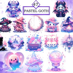 Puede incluir: Un conjunto de 12 im&aacute;genes digitales de clipart g&oacute;tico pastel con personajes, objetos y escenas espeluznantes. Las im&aacute;genes incluyen una bruja, un fantasma, un caldero, una calavera, una vela, una luna y m&aacute;s.  47 PASTEL GOTH.