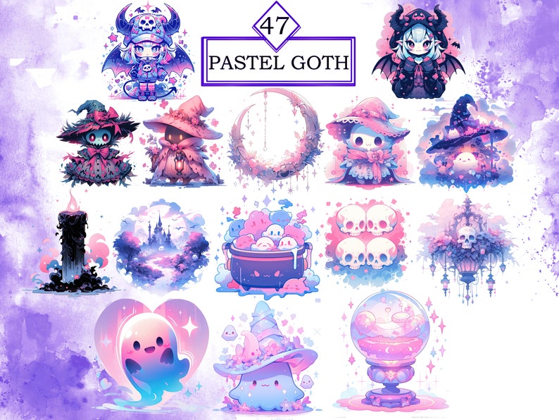 Puede incluir: Un conjunto de 12 im&aacute;genes digitales de clipart g&oacute;tico pastel con personajes, objetos y escenas espeluznantes. Las im&aacute;genes incluyen una bruja, un fantasma, un caldero, una calavera, una vela, una luna y m&aacute;s.  47 PASTEL GOTH.