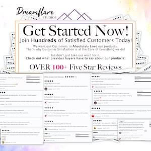 Puede incluir: Un gr&aacute;fico colorido con el texto "Get Started Now!" y "Join Hundreds of Satisfied Customers Today!" El gr&aacute;fico tambi&eacute;n incluye el texto "Over 100+ Five Star Reviews" y presenta varias rese&ntilde;as de clientes con calificaciones de cinco estrellas.