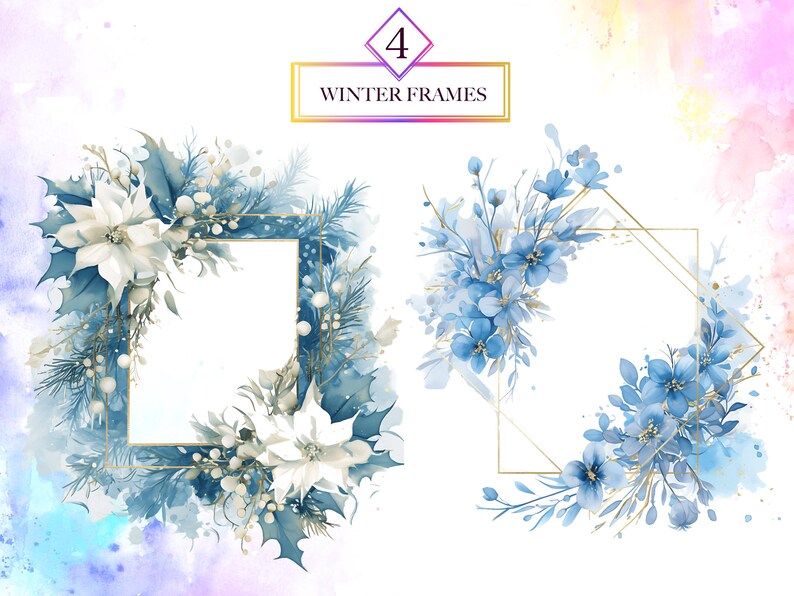 Watercolor Winter Wreaths & Frames PNG Bundle, Winter Flowers PNG ...