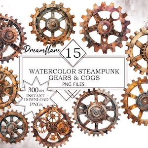 Pode incluir: Um conjunto de 15 engrenagens e pinhões steampunk em aquarela em vários tamanhos e designs. As engrenagens são pintadas em tons de marrom, dourado e ferrugem, com detalhes e texturas intrincados. A imagem inclui o texto "Dreamflare 15 Engrenagens e pinhões steampunk em aquarela 300 DPI Download instantâneo Arquivos PNG".