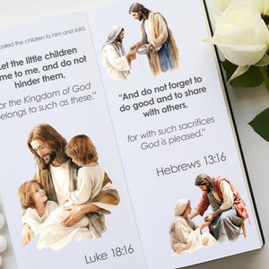 May include: A watercolor illustration of Jesus with children, with the text "Let the little children come to me, and do not hinder them, for the Kingdom of God belongs to such as these." and "Luke 18:16".