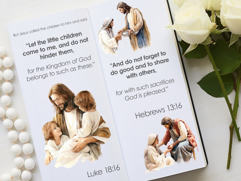 May include: A watercolor illustration of Jesus with children, with the text "Let the little children come to me, and do not hinder them, for the Kingdom of God belongs to such as these." and "Luke 18:16".