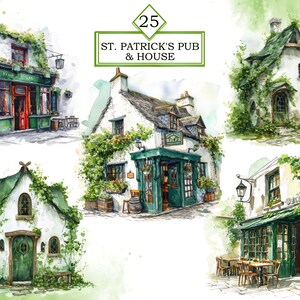 Pu&ograve; includere: Un dipinto ad acquerello di quattro pub e case irlandesi. Gli edifici sono bianchi con finiture e porte verdi. Gli edifici sono ricoperti di viti e fiori verdi. Il dipinto &egrave; su uno sfondo di acquerello verde.