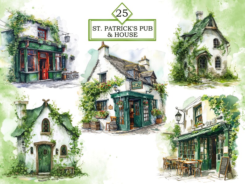 Pu&ograve; includere: Un dipinto ad acquerello di quattro pub e case irlandesi. Gli edifici sono bianchi con finiture e porte verdi. Gli edifici sono ricoperti di viti e fiori verdi. Il dipinto &egrave; su uno sfondo di acquerello verde.
