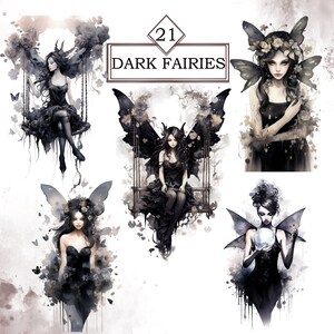 May include: Five digital illustrations of dark fairies with black wings and dresses. The fairies are depicted in various poses, including sitting on a swing, holding a crystal ball, and standing with their wings spread. The illustrations are done in a watercolor style with a dark and ethereal aesthetic.
