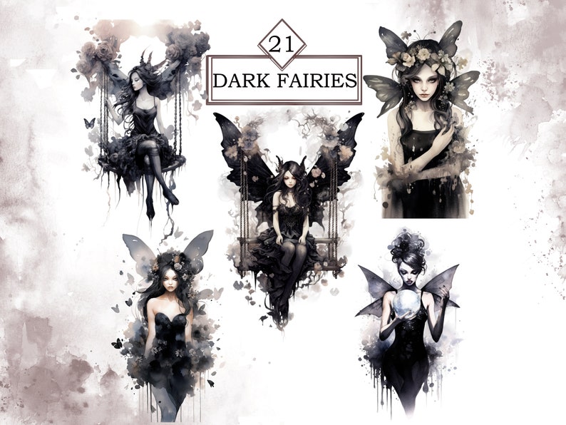May include: Five digital illustrations of dark fairies with black wings and dresses. The fairies are depicted in various poses, including sitting on a swing, holding a crystal ball, and standing with their wings spread. The illustrations are done in a watercolor style with a dark and ethereal aesthetic.