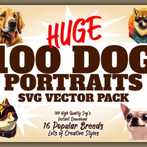 100 Dog Portraits 16 Dog Breeds, Svg Dog Face, Dog Clipart Bundle, Cute Puppy Art, Digital File, Hand Drawn Dog Head, Vector Design