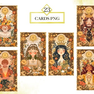 May include: Set of five illustrated tarot cards with floral and nature-inspired designs. Each card features a different character with a unique crown and floral accents. The cards are numbered I through V.