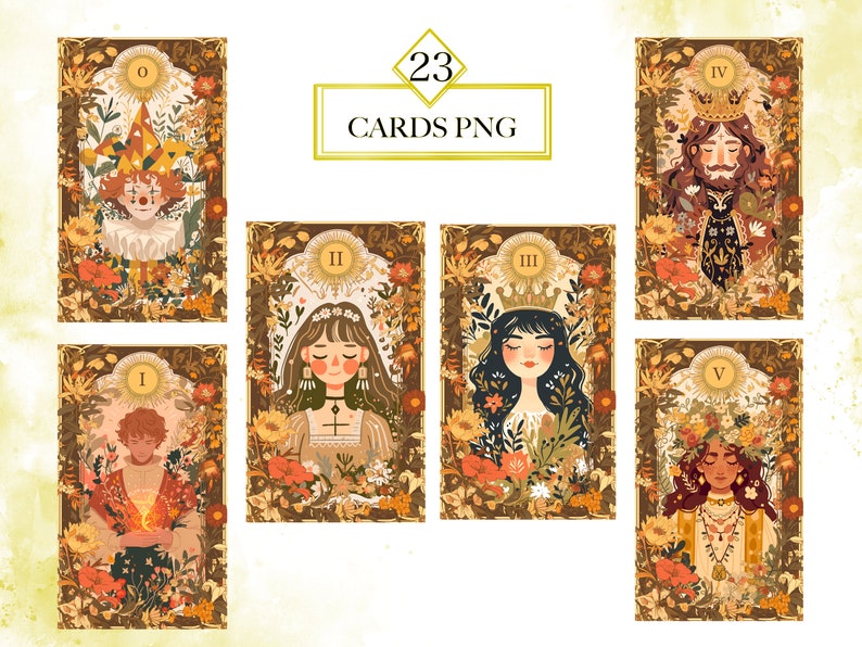 May include: Set of five illustrated tarot cards with floral and nature-inspired designs. Each card features a different character with a unique crown and floral accents. The cards are numbered I through V.