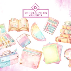 Pode incluir: Um conjunto de 42 ilustra&ccedil;&otilde;es de aquarela de materiais escolares, incluindo um livro, um transferidor, uma calculadora, uma pilha de livros, uma caixa de l&aacute;pis, uma pasta, uma lupa, um l&aacute;pis e uma bolsa de almo&ccedil;o. As ilustra&ccedil;&otilde;es s&atilde;o em cores pastel e t&ecirc;m um efeito de aquarela.