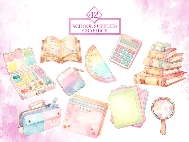 Pode incluir: Um conjunto de 42 ilustra&ccedil;&otilde;es de aquarela de materiais escolares, incluindo um livro, um transferidor, uma calculadora, uma pilha de livros, uma caixa de l&aacute;pis, uma pasta, uma lupa, um l&aacute;pis e uma bolsa de almo&ccedil;o. As ilustra&ccedil;&otilde;es s&atilde;o em cores pastel e t&ecirc;m um efeito de aquarela.