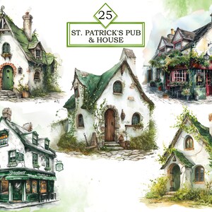 Pu&ograve; includere: Un dipinto ad acquerello di cinque case fantasiose con tetti verdi e edera. Le case sono dipinte in tonalit&agrave; di bianco e verde, con dettagli come finestre, porte e camini. Il dipinto &egrave; intitolato "25 St. Patrick's Pub & House".