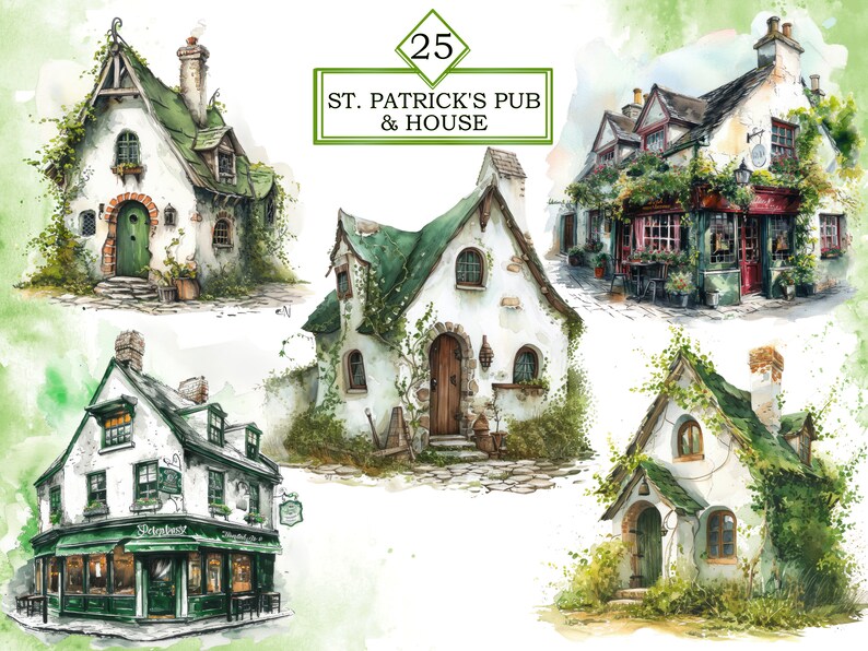 Pu&ograve; includere: Un dipinto ad acquerello di cinque case fantasiose con tetti verdi e edera. Le case sono dipinte in tonalit&agrave; di bianco e verde, con dettagli come finestre, porte e camini. Il dipinto &egrave; intitolato "25 St. Patrick's Pub & House".