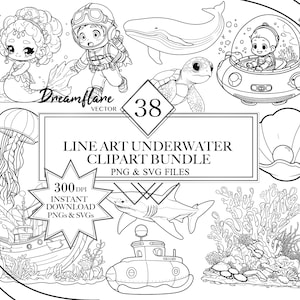 Underwater Lineart PNG & SVG Bundle, Undersea Clipart, Cute Digi Stamp, Sea Animals, Lineart Clipart, Digital Printable File, Commercial Use