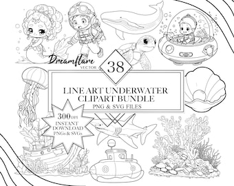 Pacote de arte linear subaquática PNG e SVG, clipart submarino, carimbo Digi fofo, animais marinhos, clipart linear, arquivo digital para impressão, uso comercial