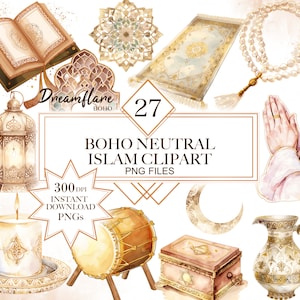 Könnte beinhalten: Ein Set mit 27 Aquarellillustrationen in neutralen Farben, die islamische religiöse Symbole zeigen. Das Set enthält einen Gebetsteppich, eine Laterne, eine Kerze, eine Trommel, einen Halbmond, eine Schachtel, einen Krug, ein Buch, eine Gebetskette und ein Paar Hände im Gebet.