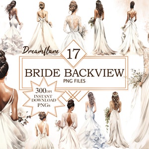 17 aquarel bruid Backview bruiloft clipart PNG, bruiloft clipart, bruid clipart, bruiloft PNG, digitaal downloadbestand, commercieel gebruik
