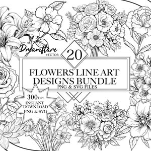 Floral Line Art PNG & SVG Bundle, Flowers Digi Stamp, Botanical, Flower Bouquet Clipart, Flowers SVG, Digital Printable File, Commercial Use